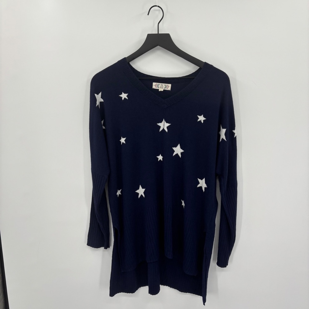 Pink Rose Womens Star Print Sweater XL Navy‎ Blue High-Low Boho Comfortcore USA